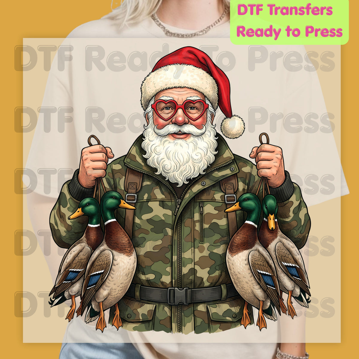 Christmas DTF Transfer, Santa Duck Hunting, Camo Mallards Graphic