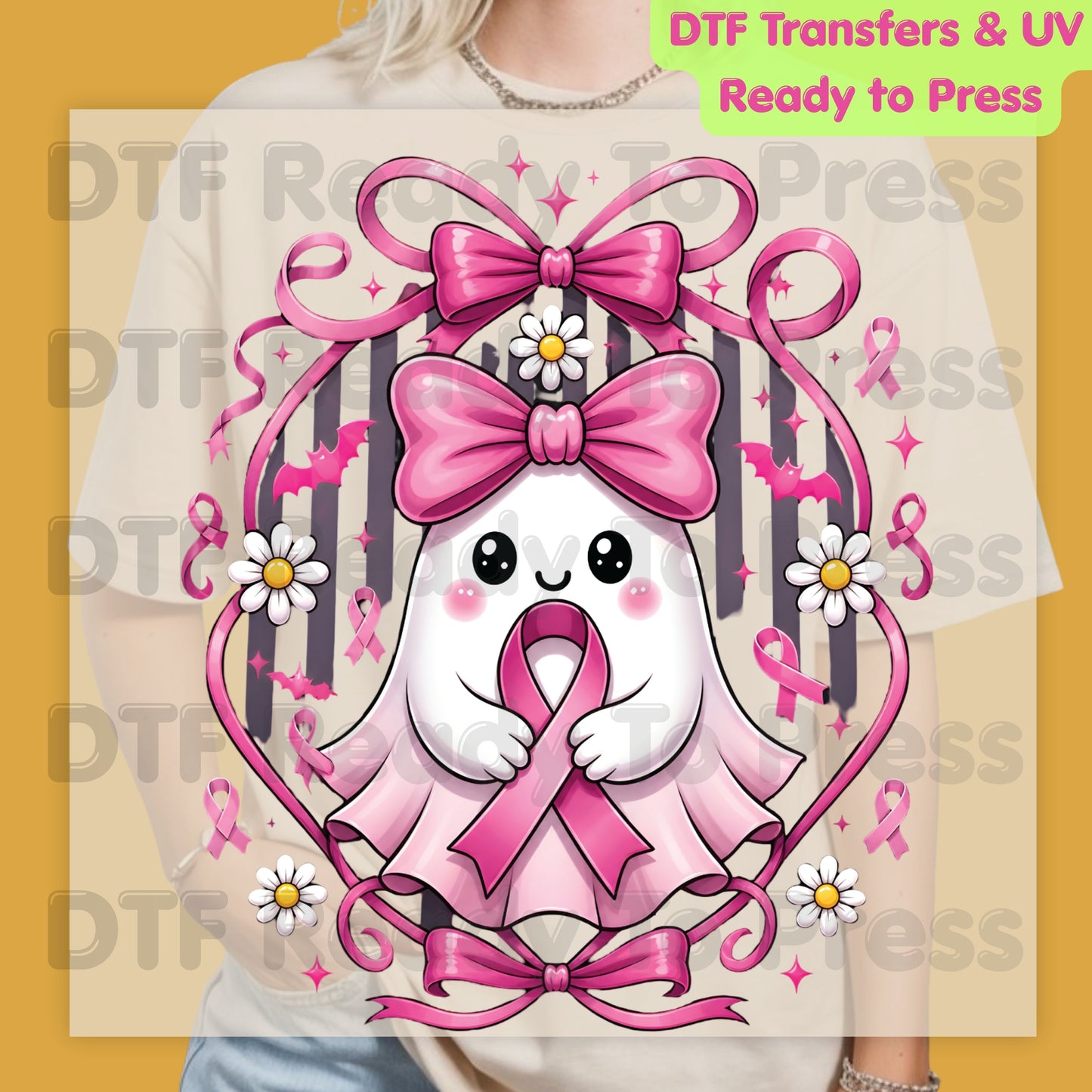 Halloween Breast Cancer Awareness Cute Ghost DTF Transfer Ready to Press Heat Transfer Pink Ribbon Bow Spooky Tee