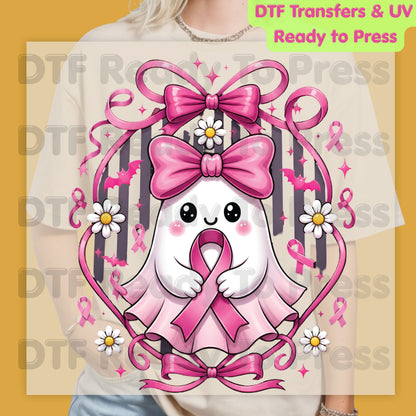 Halloween Breast Cancer Awareness Cute Ghost DTF Transfer Ready to Press Heat Transfer Pink Ribbon Bow Spooky Tee
