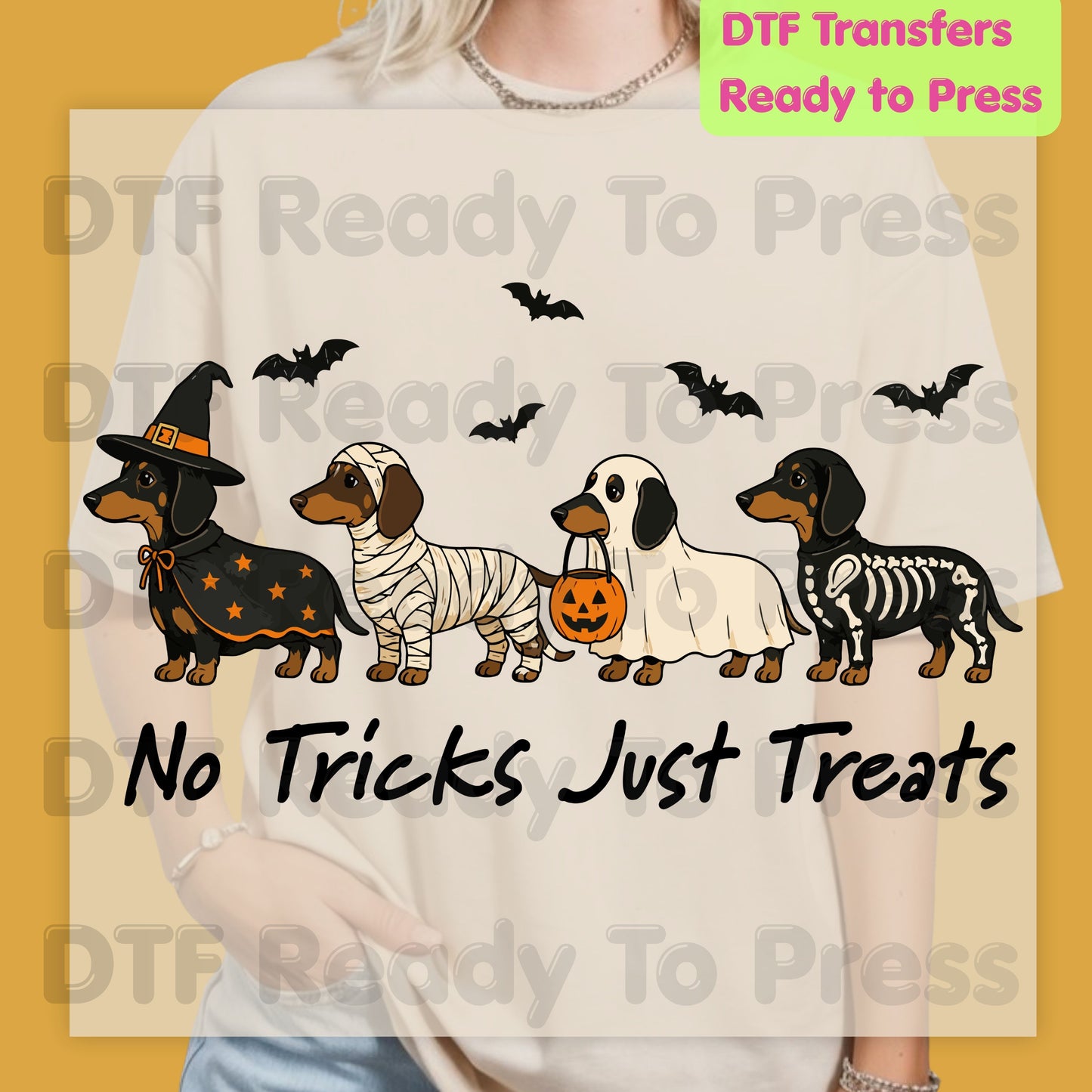 Halloween Dachshund DTF Transfer Ready to Press No Tricks Just Treats Heat Transfer For Shirts Skeleton Ghost Mummy Wiener Dog Spooky Print