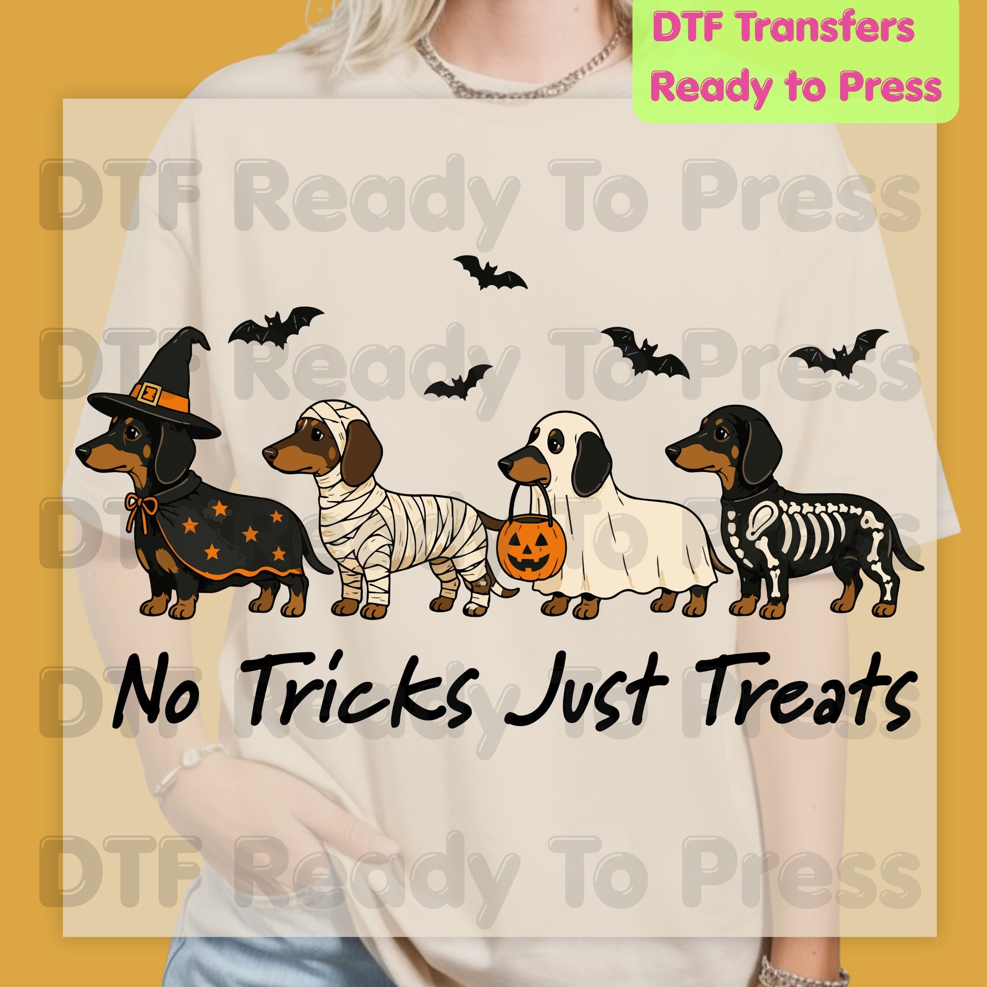 Halloween Dachshund DTF Transfer Ready to Press No Tricks Just Treats Heat Transfer For Shirts Skeleton Ghost Mummy Wiener Dog Spooky Print