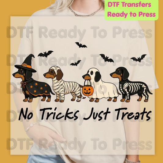 Halloween Dachshund DTF Transfer Ready to Press No Tricks Just Treats Heat Transfer For Shirts Skeleton Ghost Mummy Wiener Dog Spooky Print