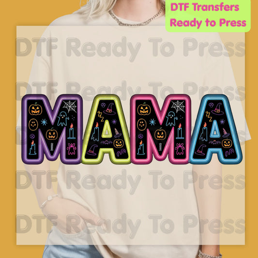 Halloween Mama DTF Transfers, Neon Spooky Doodle Ghost Pumpkin Witch Hat Ready to Press