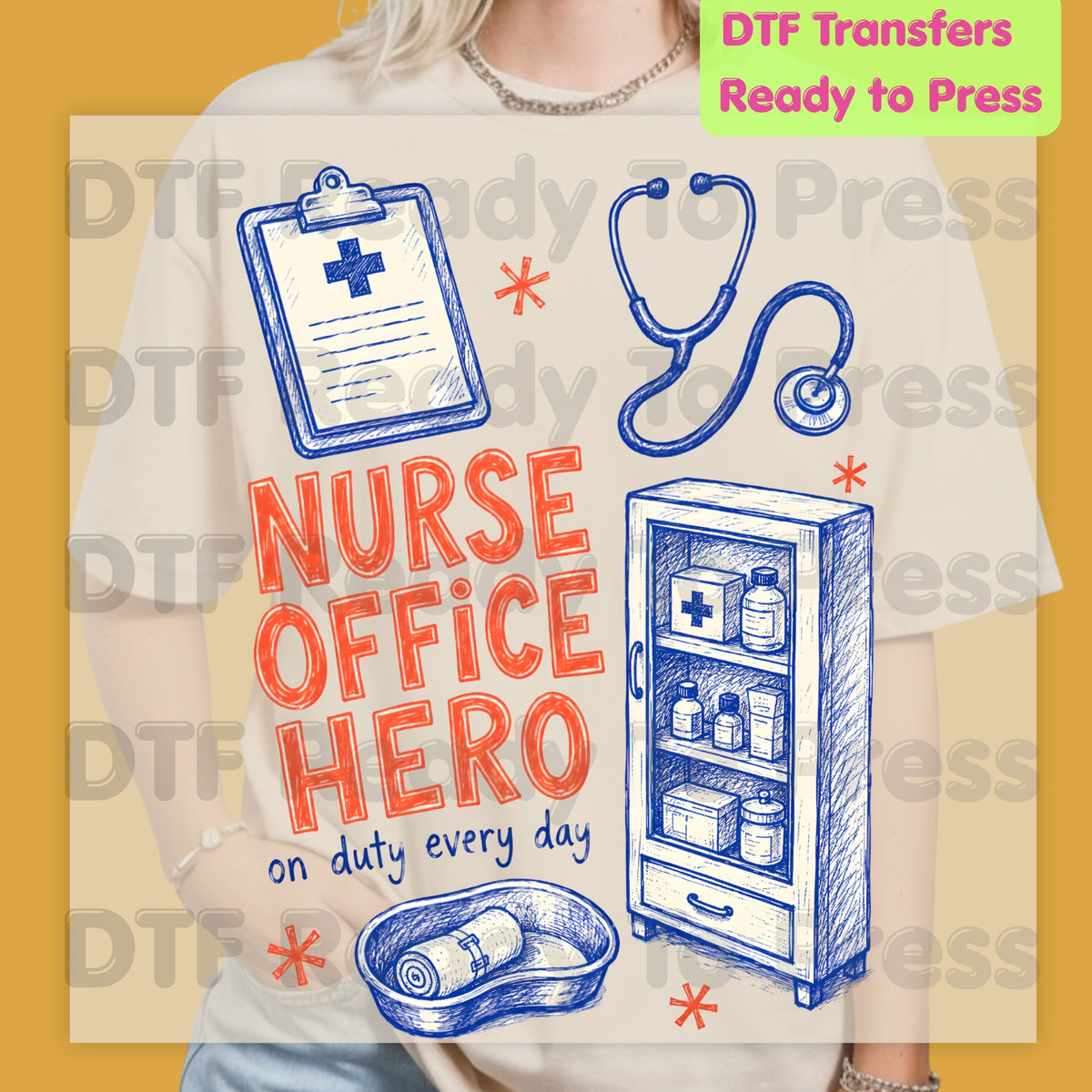 Nurse Office Hero DTF Transfers, School Medical Stethoscope Clipboard Nurse Ready to Press