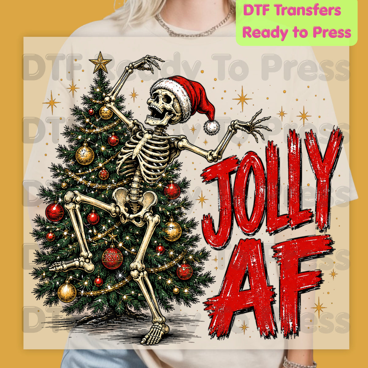 Jolly AF Skeleton DTF Transfers, Santa Hat Christmas Tree Funny Holiday Ready to Press