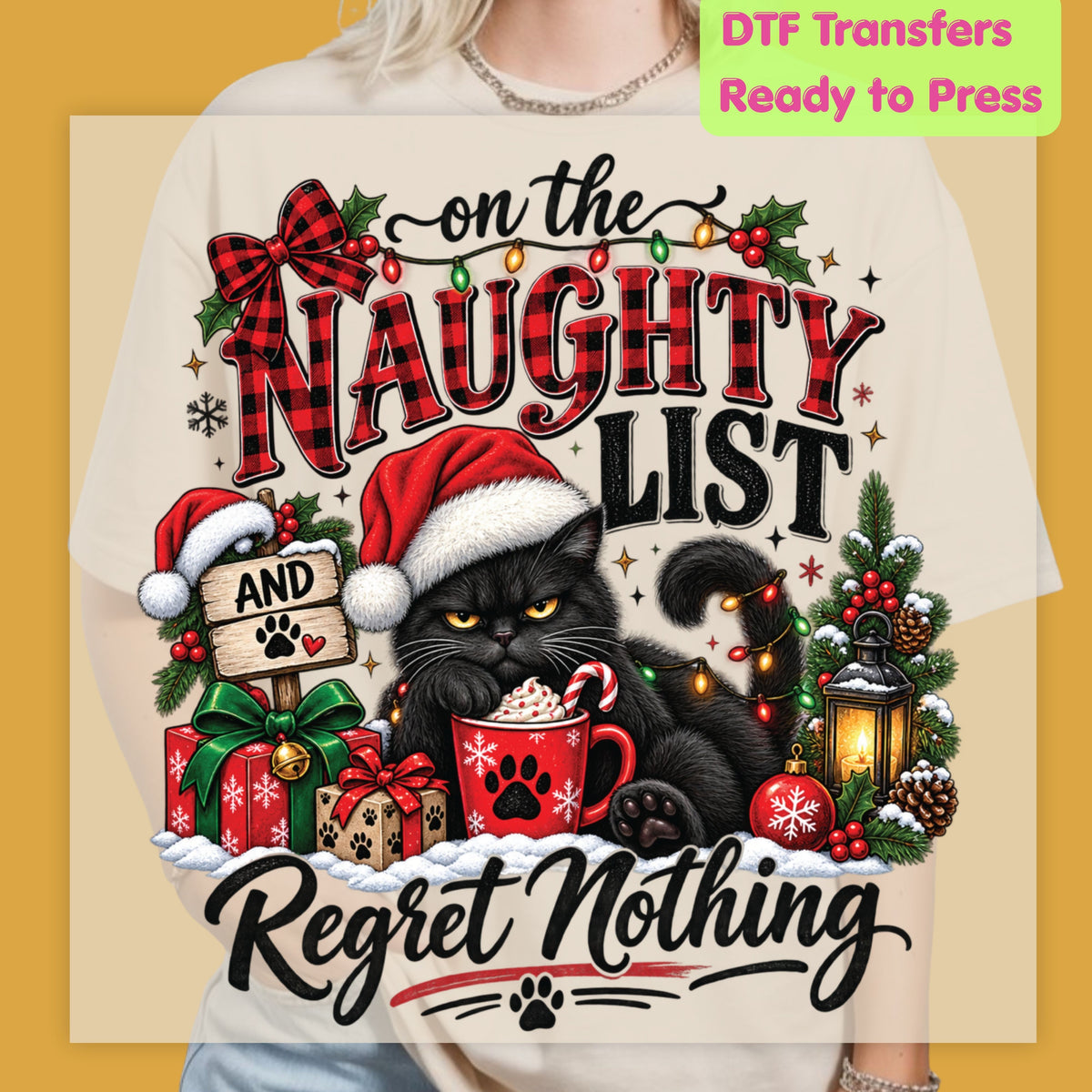 Christmas DTF Transfer, Naughty List Black Cat with Santa Hat, Funny Holiday Graphic