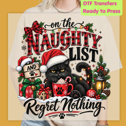Christmas DTF Transfer, Naughty List Black Cat with Santa Hat, Funny Holiday Graphic