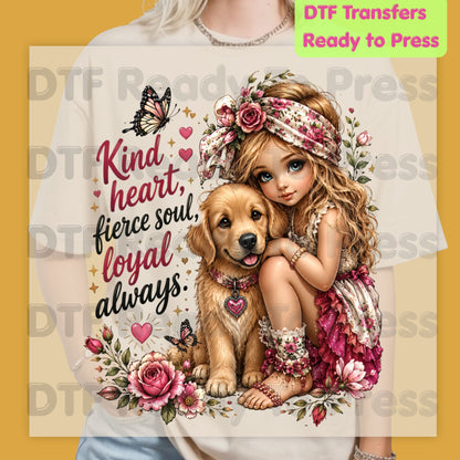 Dog DTF Transfers, Kind Heart Fierce Soul Loyal Always Golden Retriever Puppy Floral Ready to Press