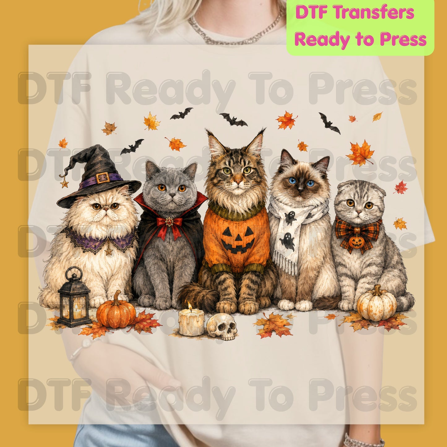 Halloween Cats DTF Transfer Ready to Press Witch Vampire Pumpkin Maine Coon Ragdoll Heat Transfer For Shirts Spooky Cat Gang Full Color