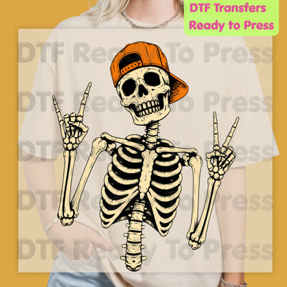 Cool Skeleton DTF Transfers, Rock On Peace Sign Halloween Orange Hat Ready to Press