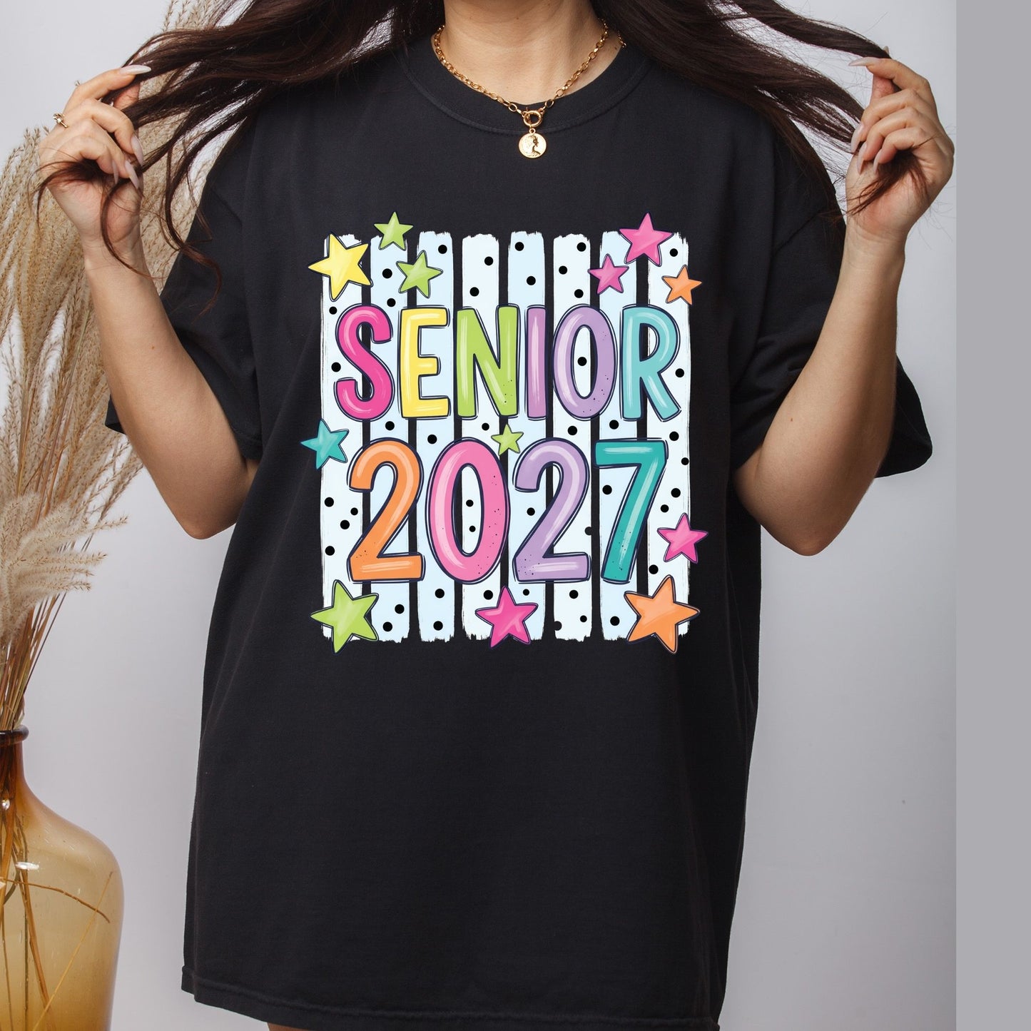 Senior 2027 DTF Transfer Ready to Press Graduation Heat Transfer for Shirts Colorful Pastels Bubble Letters Stars Stripes Tee