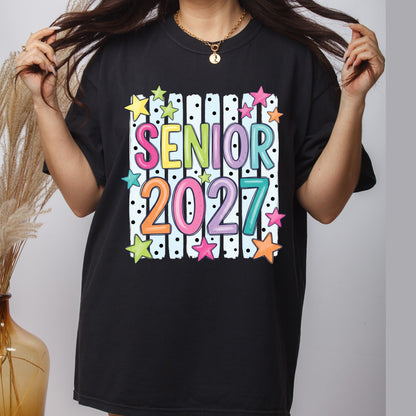 Senior 2027 DTF Transfer Ready to Press Graduation Heat Transfer for Shirts Colorful Pastels Bubble Letters Stars Stripes Tee