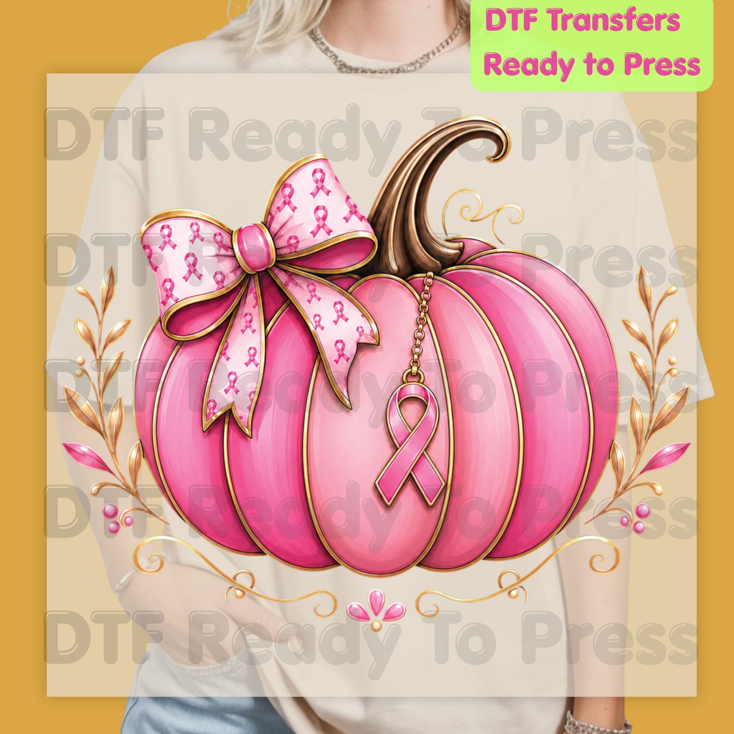 Breast Cancer DTF Transfer Ready to Press Pink Pumpkin Ribbon Bow Awareness Heat Transfer Tee Print Direct to Film Transfer