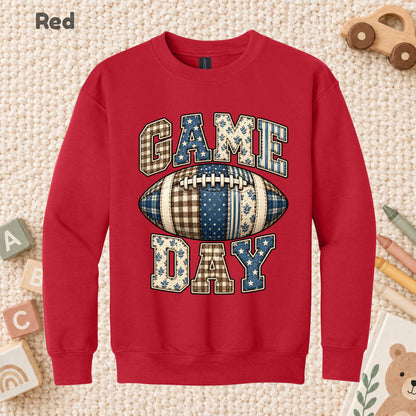 Game Day Football T-Shirt, Blue Plaid Patchwork Tee for Toddler and Kids
