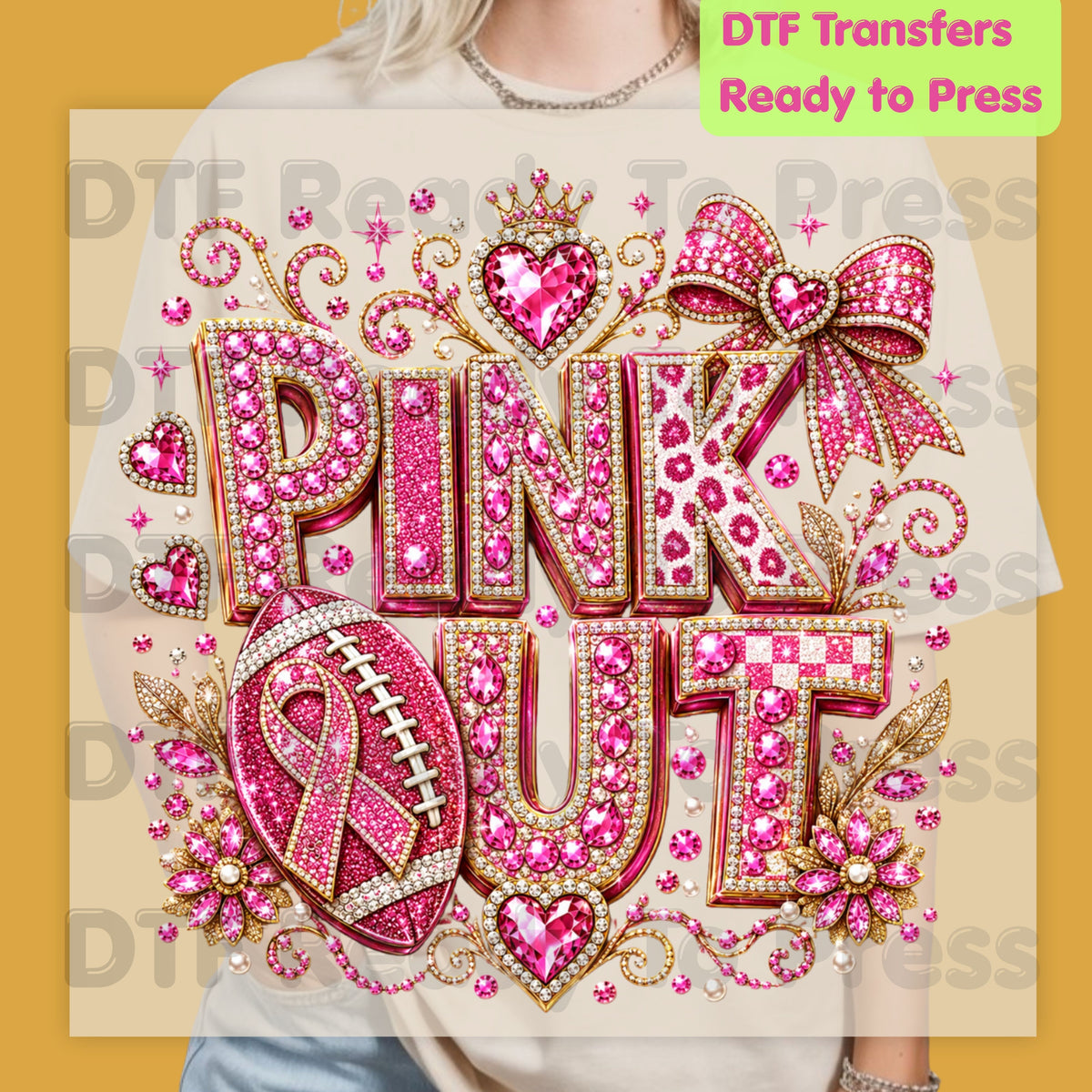 Pink Out DTF Transfers, Breast Cancer Awareness Glitter Football Pink Diamond Ribbon Crown Ready to Press