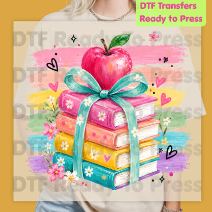 Coquette Stacked Books DTF Transfers, Apple Ribbon Colorful Teacher Brushstrokes Ready to Press