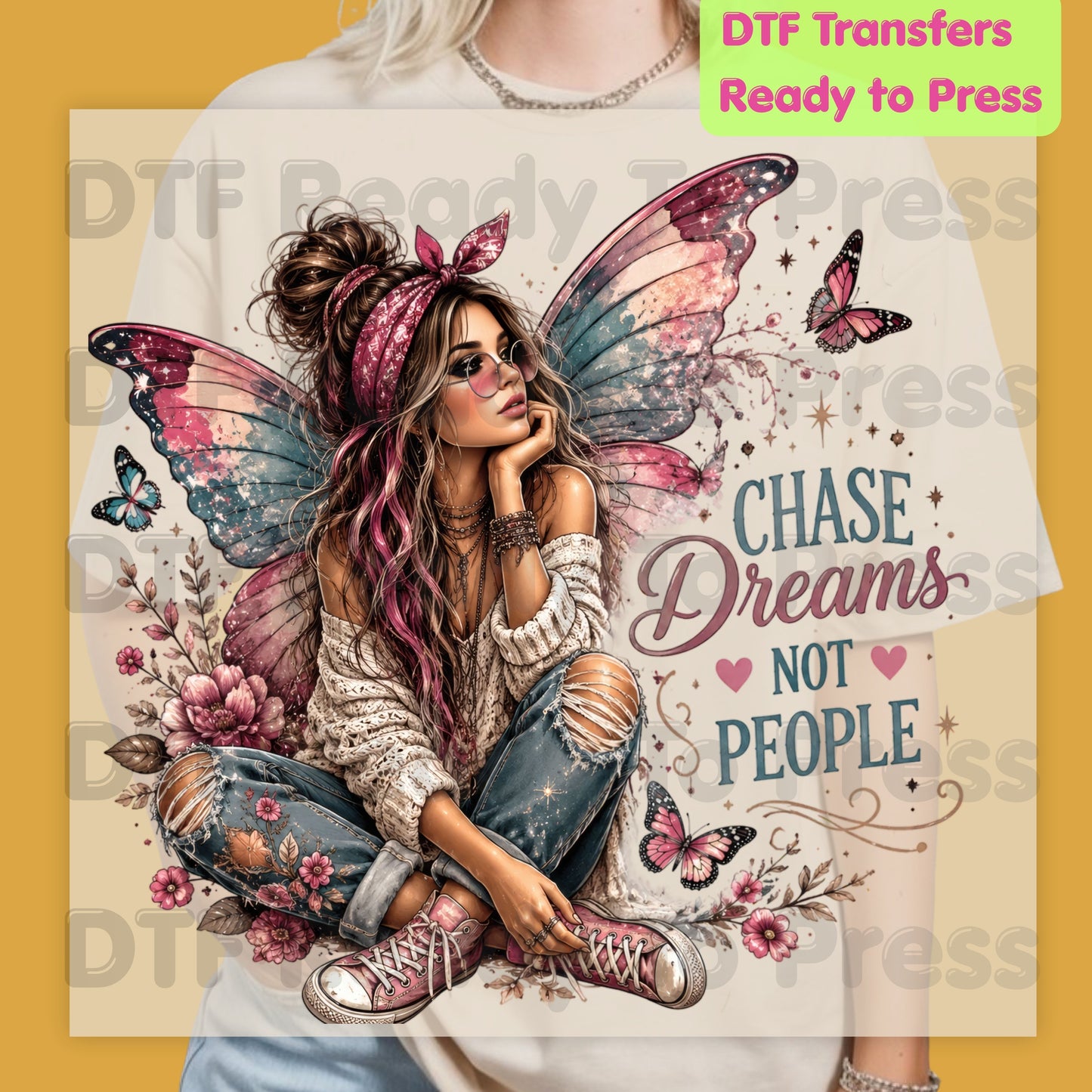 Chase Dreams Not People Fairy DTF Transfers, Boho Fairy Girl Butterfly Wings Inspirational Ready to Press