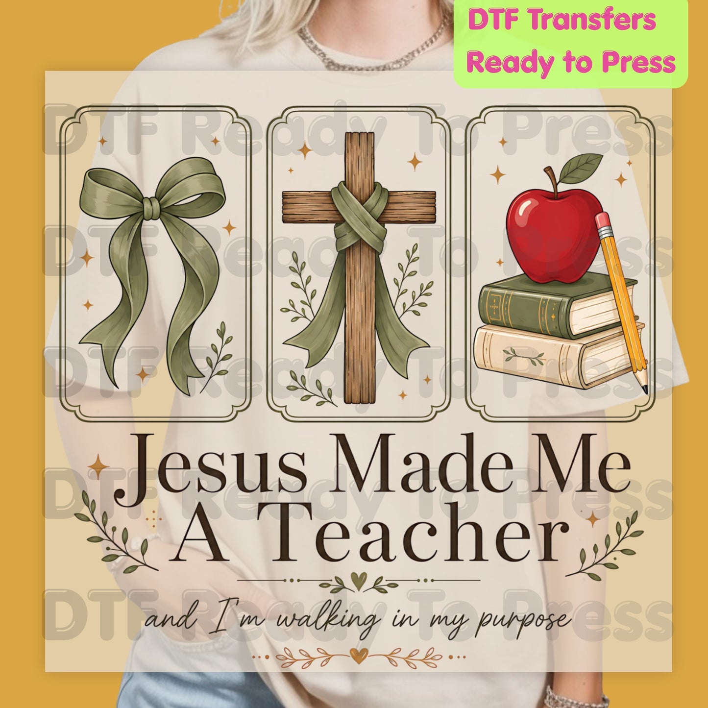 Christian Teacher Heat Transfer Jesus Made Me A Teacher And I'm Walking In My Purpose DTF Transfer Ready to Press Religious Bow Cross Tee