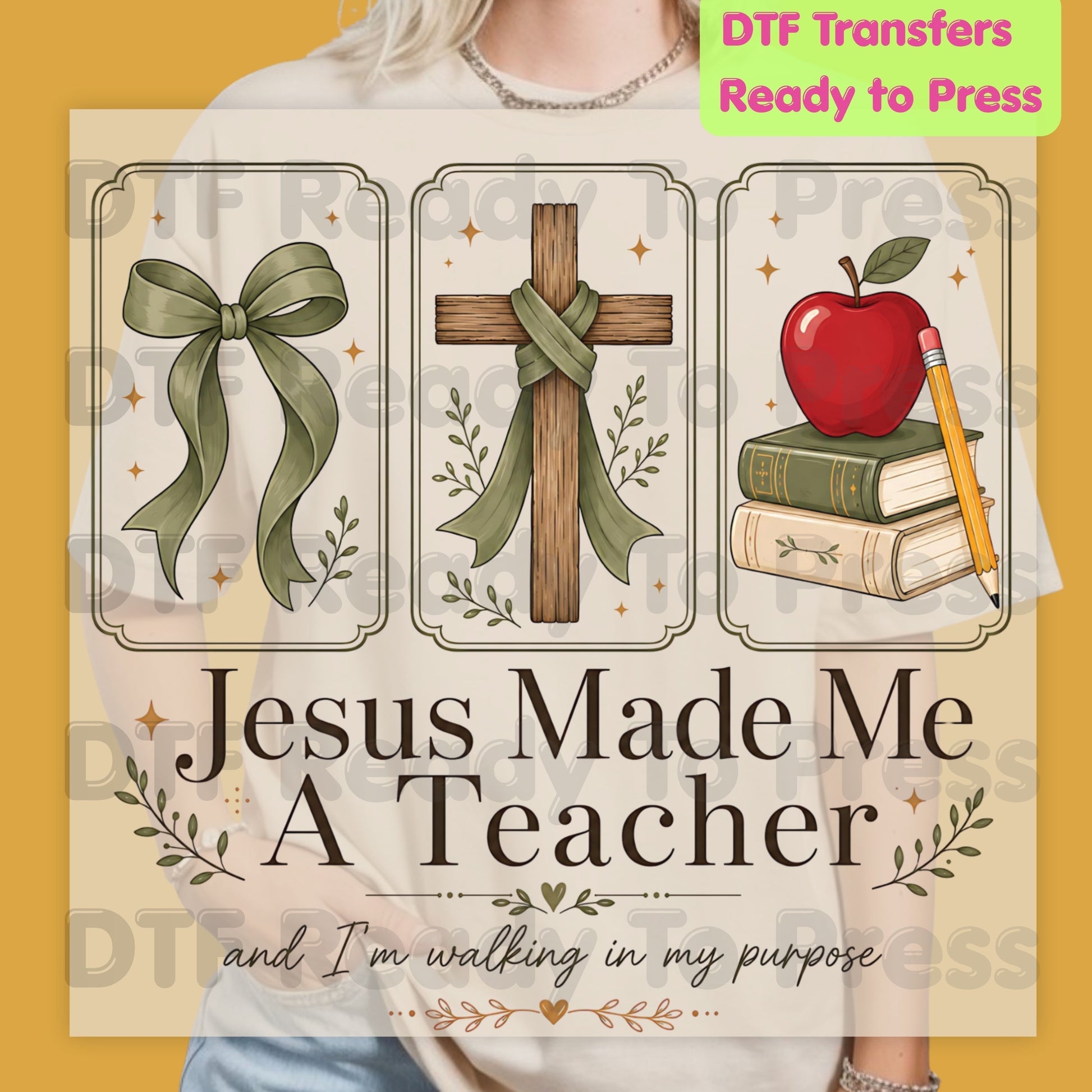 Christian Teacher Heat Transfer Jesus Made Me A Teacher And I'm Walking In My Purpose DTF Transfer Ready to Press Religious Bow Cross Tee