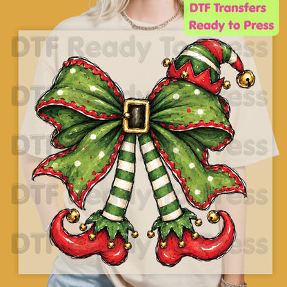 Christmas Elf DTF Transfer, Green Bow, Striped Legs and Hat