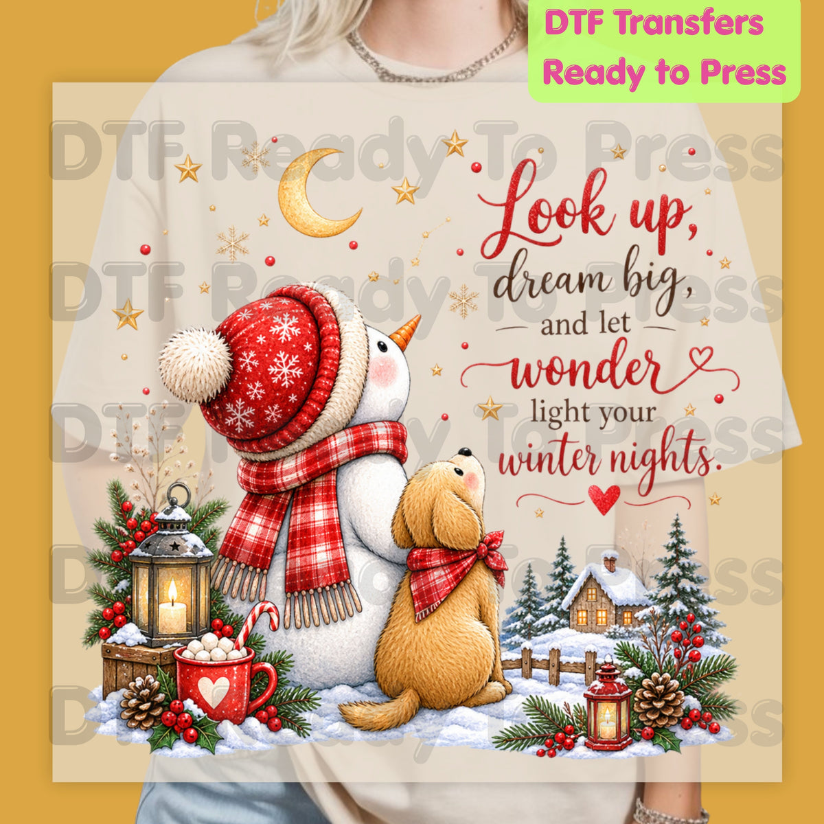 Snowman Dog DTF Transfers, Look Up Dream Big Quote Cute Winter Christmas Ready to Press