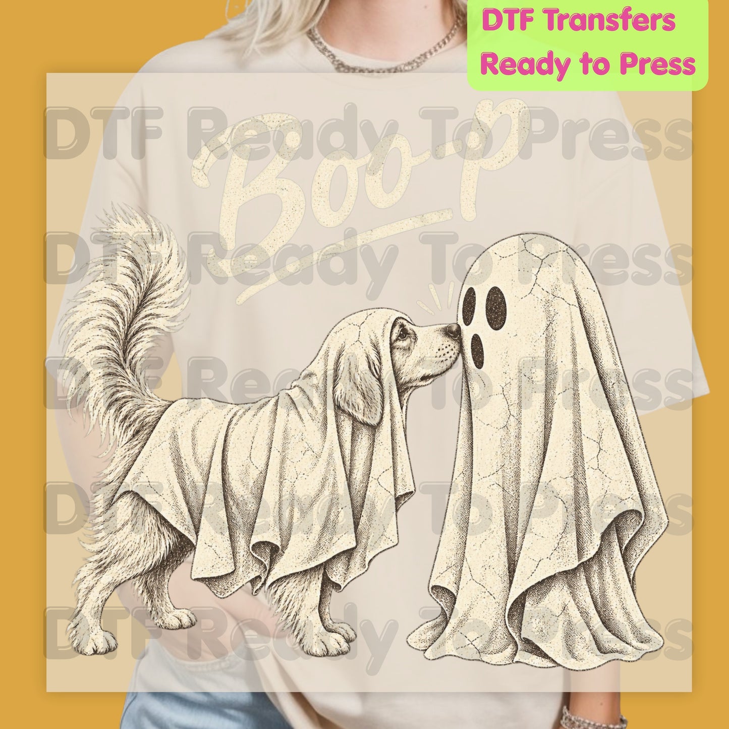 Halloween Dog Ghost DTF Transfers, Ghost Boop Cute Spooky Season Vintage Golden Retriever Dog Lover Ready to Press