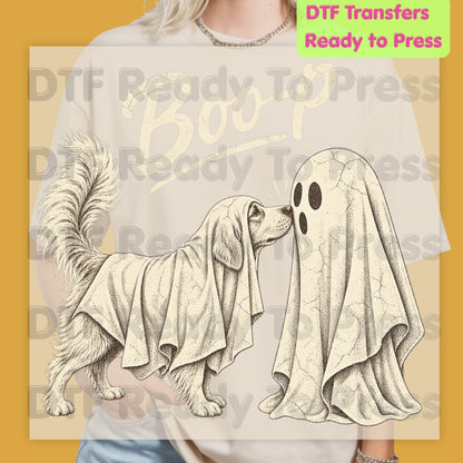 Halloween Dog Ghost DTF Transfers, Ghost Boop Cute Spooky Season Vintage Golden Retriever Dog Lover Ready to Press