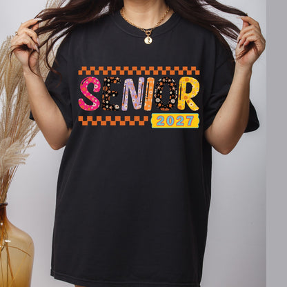 Senior 2027 DTF Transfer Ready to Press Graduation Heat Transfer for Shirts Groovy Retro Daisy Flowers Orange Checkerboard Tee