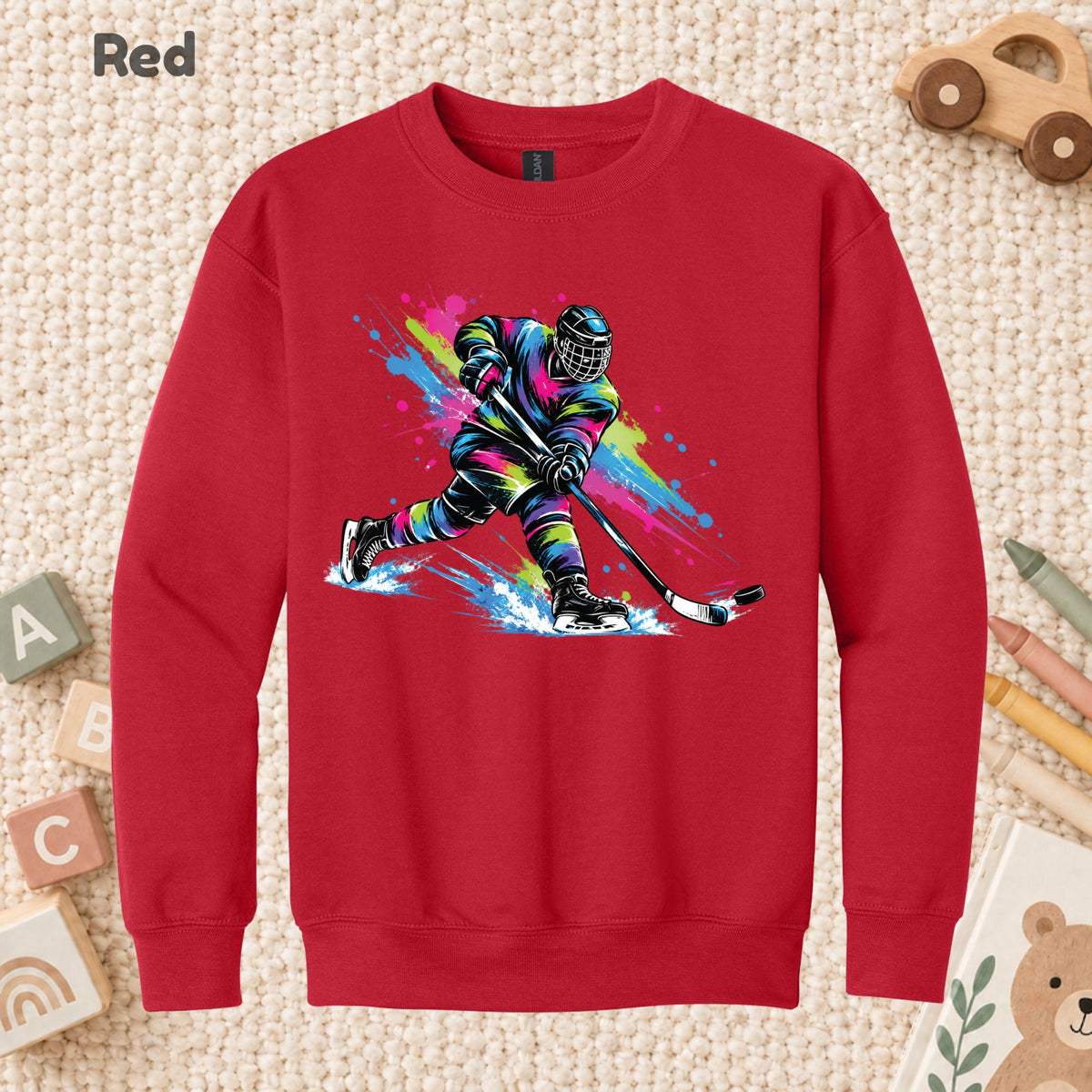 Hockey T-Shirt, Colorful Ice Hockey Player with Paint Splatter Graphic Tee, Ice Hockey Sports Shirt