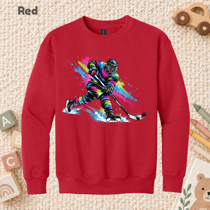 Hockey T-Shirt, Colorful Ice Hockey Player with Paint Splatter Graphic Tee, Ice Hockey Sports Shirt