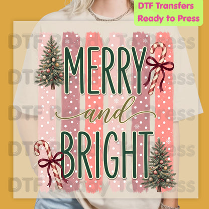 Christmas Merry and Bright DTF Transfer Ready to Press Pink Christmas Tree Candy Cane Heat Transfer for Shirts Retro Holiday Xmas DTF Print Cute Xmas