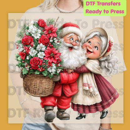 Santa Mrs Claus DTF Transfers, Vintage Christmas Couple Flowers Holiday Ready to Press