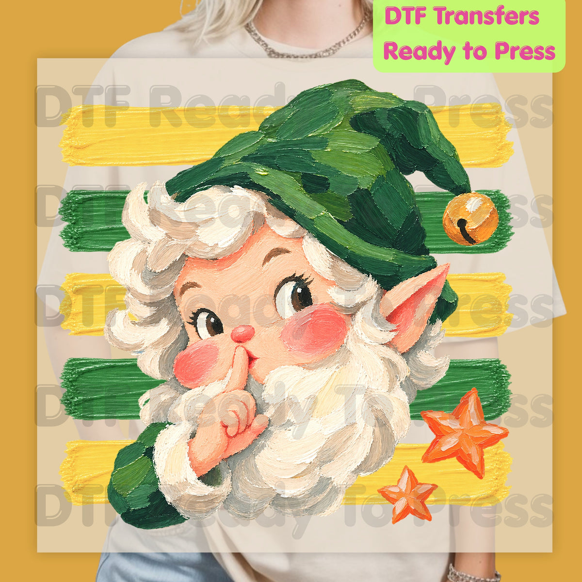 Vintage Shushing Gnome DTF Transfers, Elf Yellow Green Stripes Cute Christmas Holiday Ready to Press