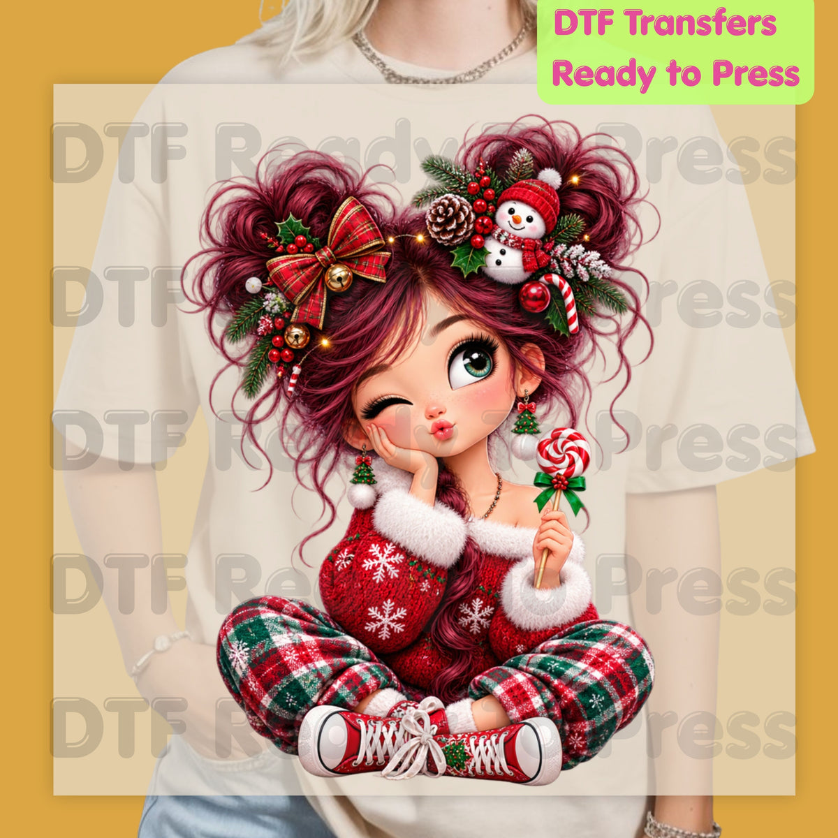 Christmas Girl DTF Transfers, Messy Bun Lollipop Cute Holiday Ready to Press
