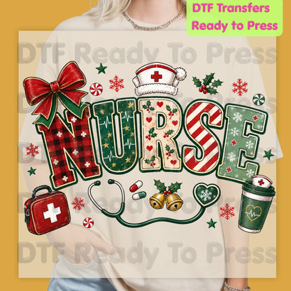 Christmas Nurse DTF Transfers, Medical Nursing Plaid Stethoscope Bow Holiday Ready to Press