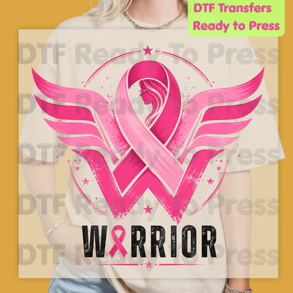 Breast Cancer Pink Ribbon DTF Transfers, Wings Warrior Hope Survivor Awareness Ready to Press