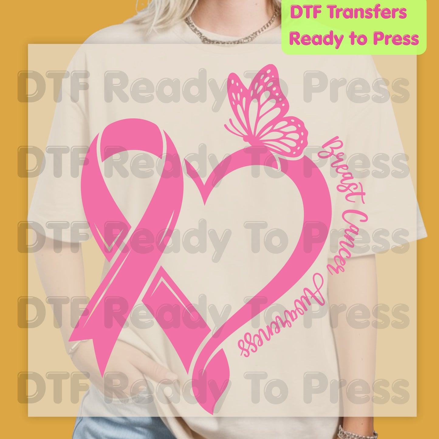 Breast Cancer Awareness Pink Heart Ribbon Butterfly DTF Transfer Ready to Press Heat Transfer Survivor Tee