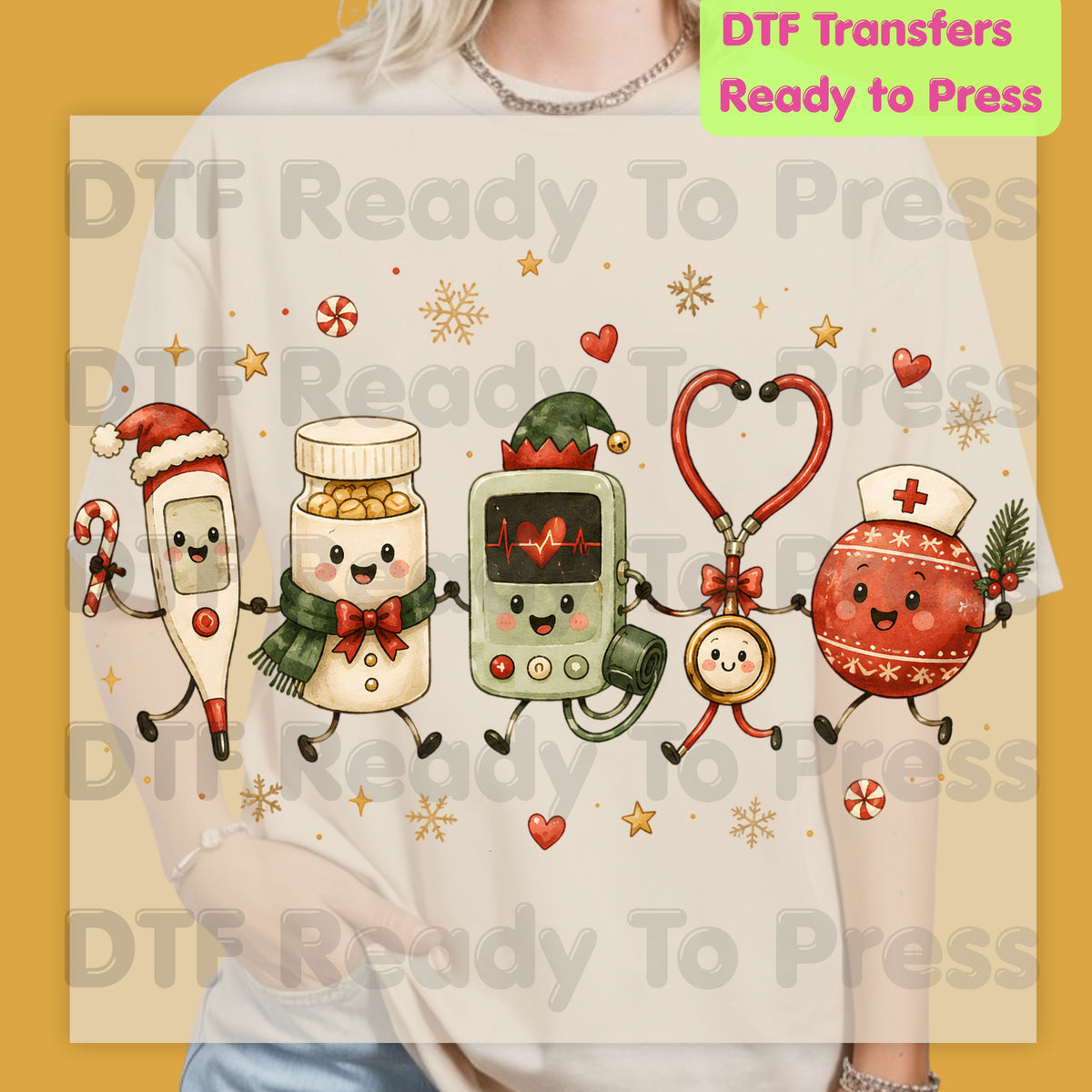 Christmas Cute Nurse Tools DTF Transfers, Medical Stethoscope Ornament Holiday Ready to Press