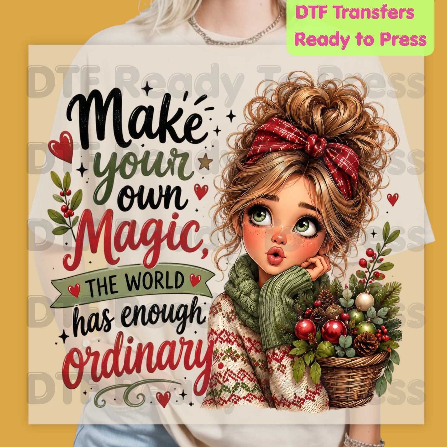 Make Your Own Magic DTF Transfers, Christmas Messy Bun Girl Festive Holiday Quote Ready to Press
