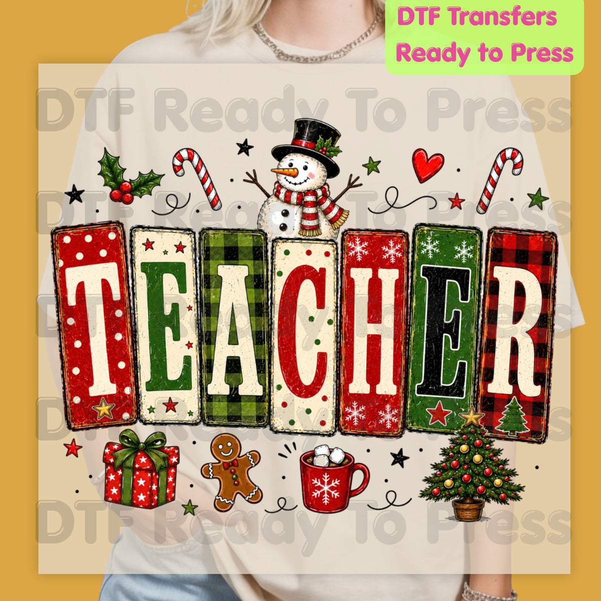 Christmas Teacher Snowman DTF Transfers, School Gingerbread Plaid Holiday Ready to Press