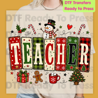 Christmas Teacher Snowman DTF Transfers, School Gingerbread Plaid Holiday Ready to Press