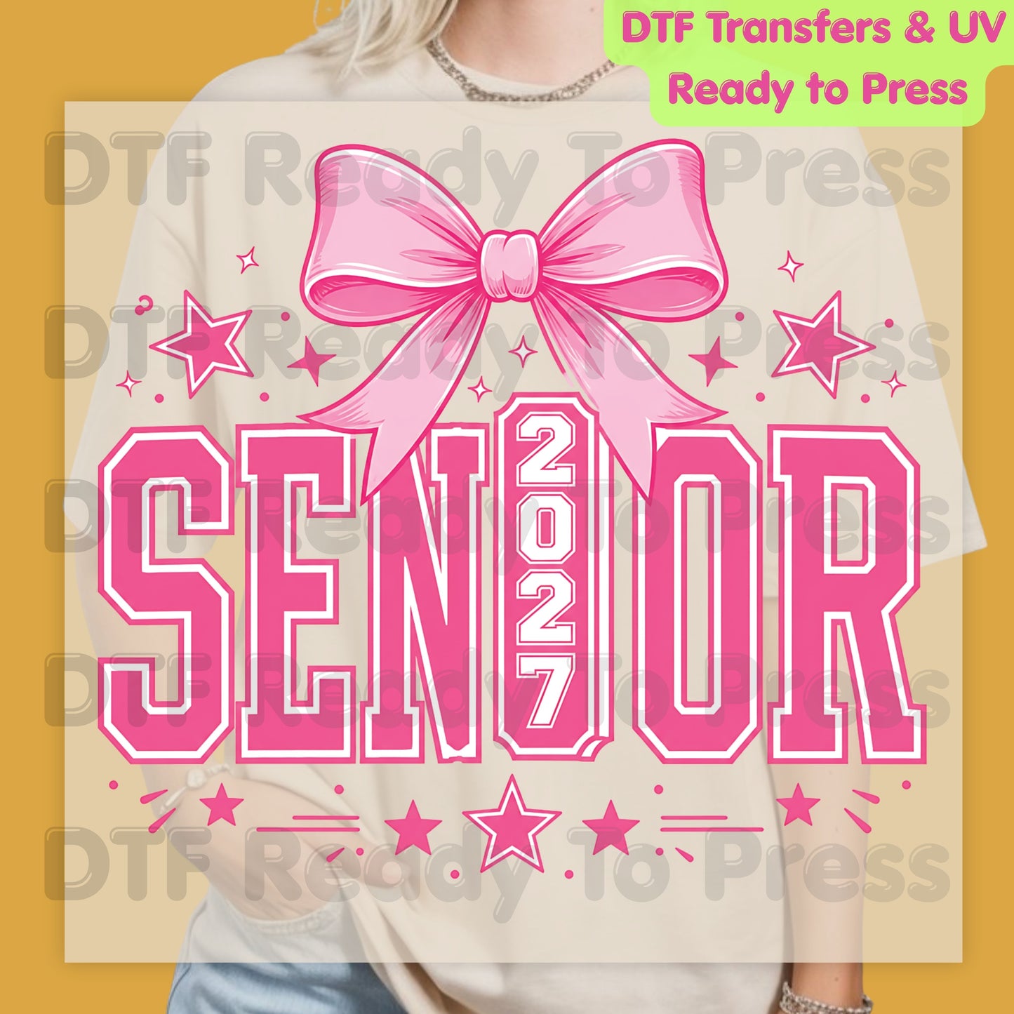 Senior 2027 DTF Transfer Ready to Press Graduation Heat Transfer for Shirts Pink Coquette Bow Varsity Letters Stars Graphic Tee