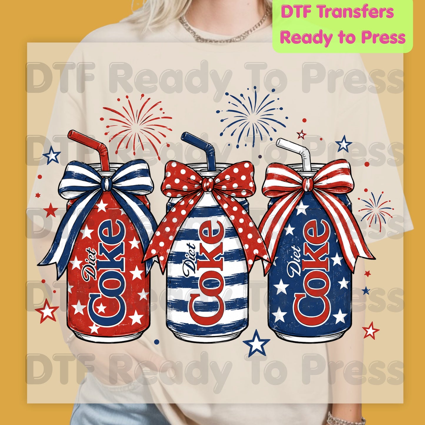 Patriotic Diet Coke Cans DTF Transfer Ready to Press 4th of July Bow Stars Stripes Fireworks Heat Transfer Shirts Patriotic Vibe Graphic Press
