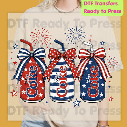 Patriotic Diet Coke Cans DTF Transfer Ready to Press 4th of July Bow Stars Stripes Fireworks Heat Transfer Shirts Patriotic Vibe Graphic Press