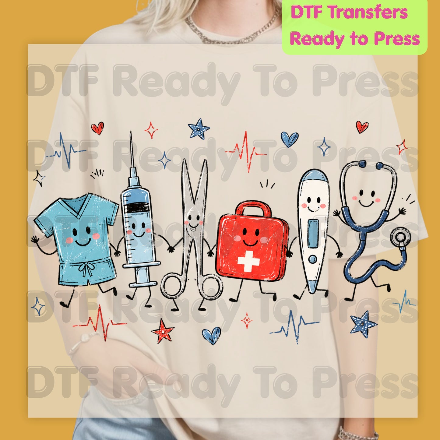 Cute Nurse Life DTF Transfers, Medical Equipment Friends Stethoscope Scrubs Syringe First Aid Healthcare Ready to Press