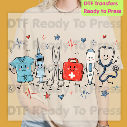 Cute Nurse Life DTF Transfers, Medical Equipment Friends Stethoscope Scrubs Syringe First Aid Healthcare Ready to Press