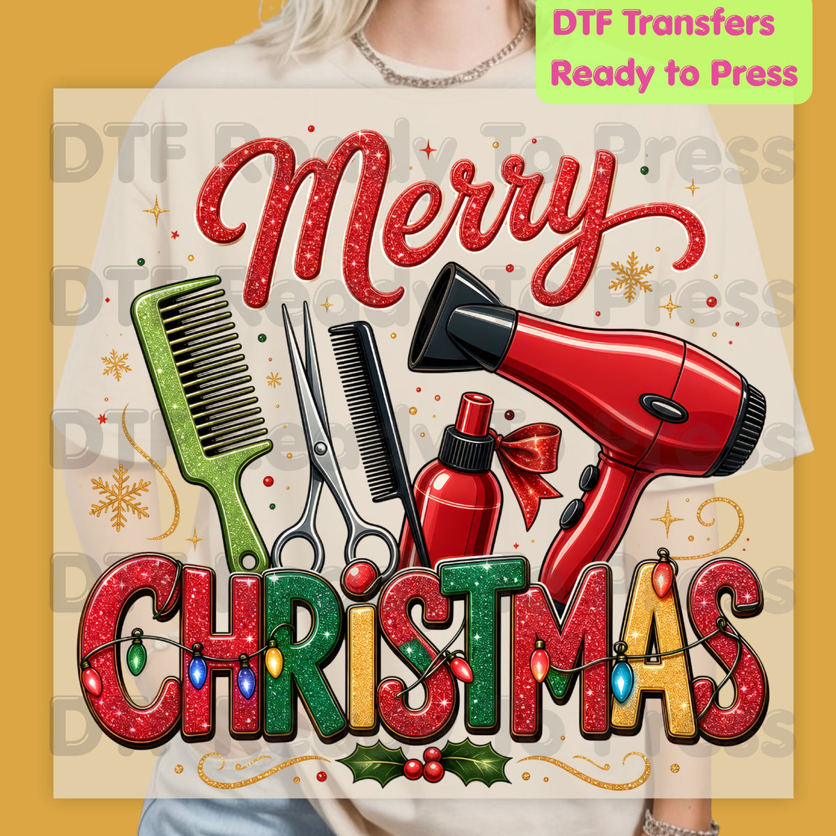 Merry Christmas Hairstylist DTF Transfers, Salon Scissors Dryer Comb Holiday Ready to Press