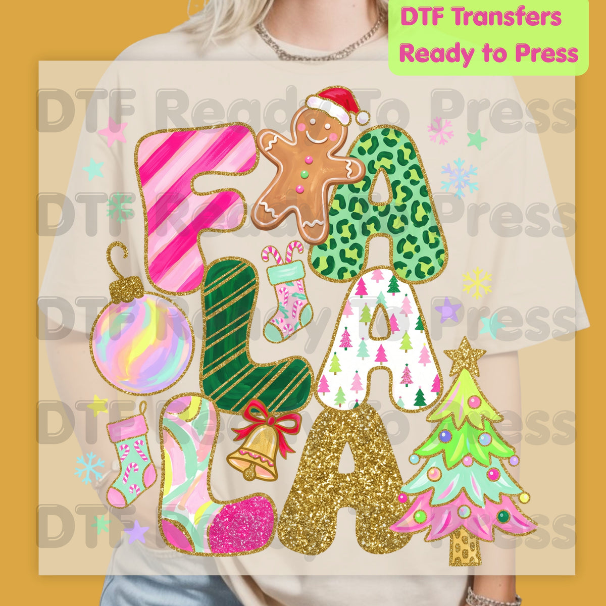 Fa La La Gingerbread Christmas DTF Transfers, Colorful Pink Christmas Tree Holiday Ready to Press