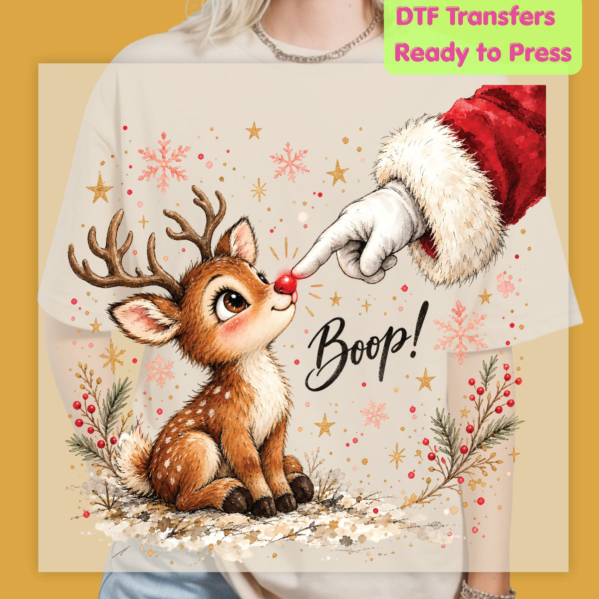 Christmas DTF Transfer, Boop Cute Reindeer Santa Red Nose