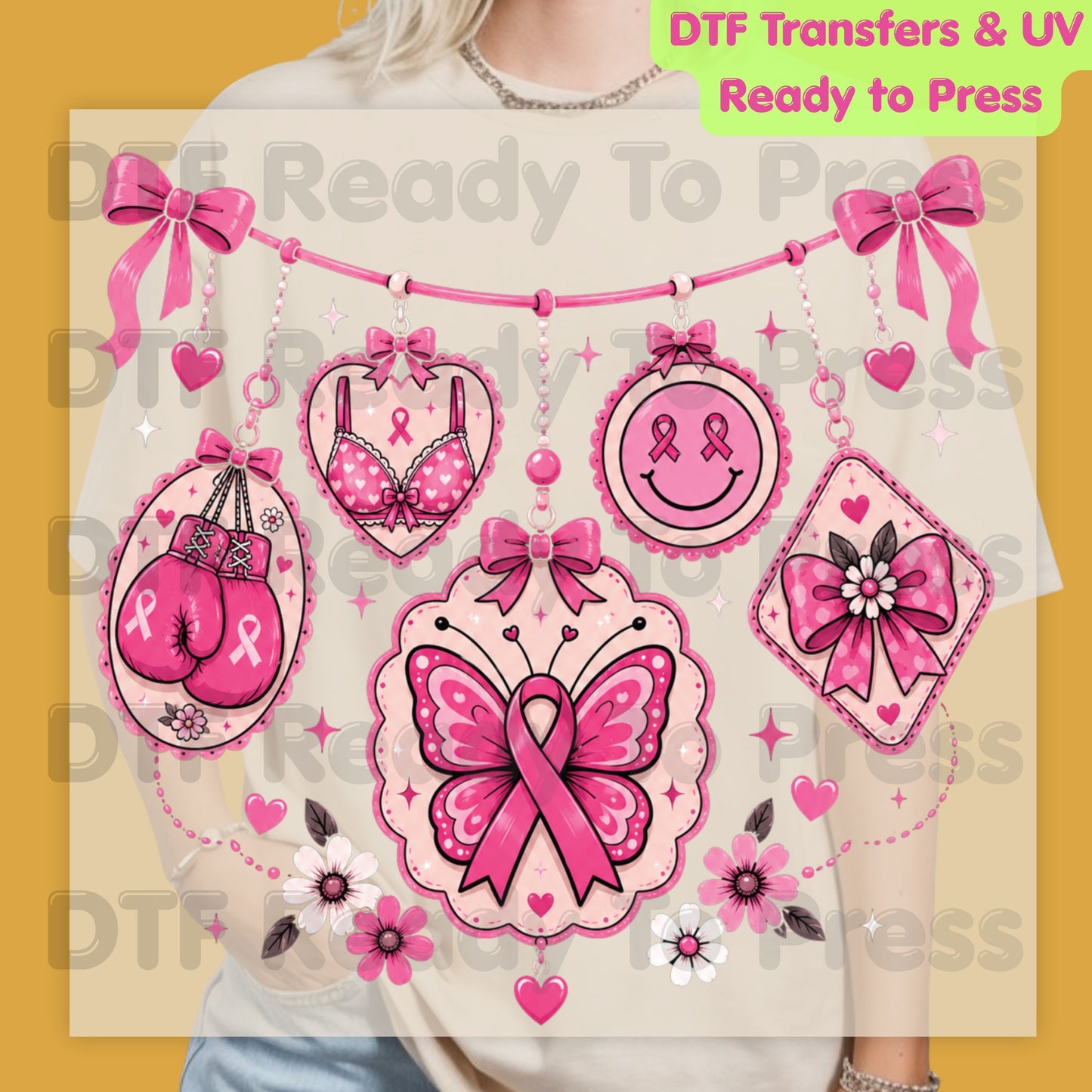 Pink Ribbon Breast Cancer Awareness Charms DTF Transfer Ready to Press Heat Transfer Butterfly Bow Tee
